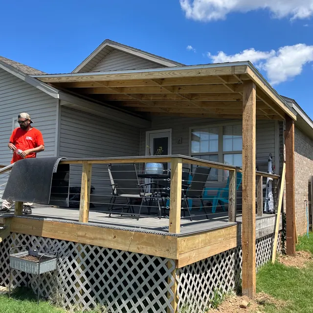 Covered deck with cable railings